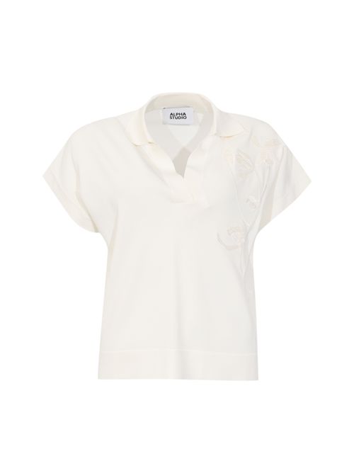 Polo manica kimono in viscosa con ricamo Latte Alpha studio | AD-6270B2003